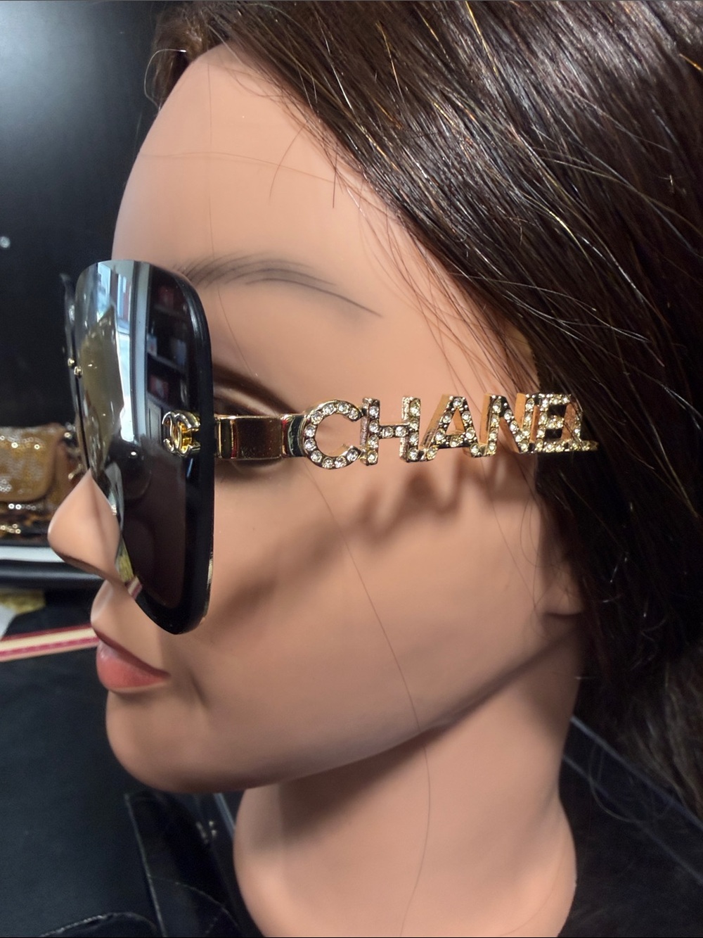 CHANEL Oversized Square Black Gradient Sunglasses with Gold CC Details - Picture 2 of 6